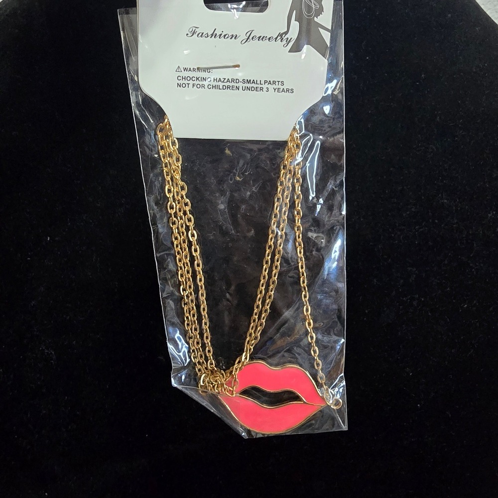 Pink Lips Chain Link Valentines Sweetheart Y2K Punk Rock Grunge Necklace OS